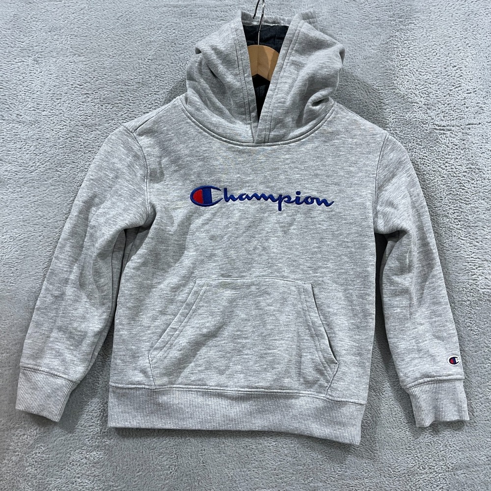 Champion Spellout Hoodie Boys XS (5/6) Heather Gray Cotton Kangaroo Pocket Lined
